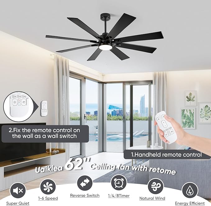 62 Inch Outdoor Ceiling Fan with Light Remote, Modern Black Industrial Ceiling Fan with 8 Blades, Dimmable Large Airflow Indoor Exterior Ceiling Fans for Patios Porch Garage Damp Rated, Quiet DC Motor