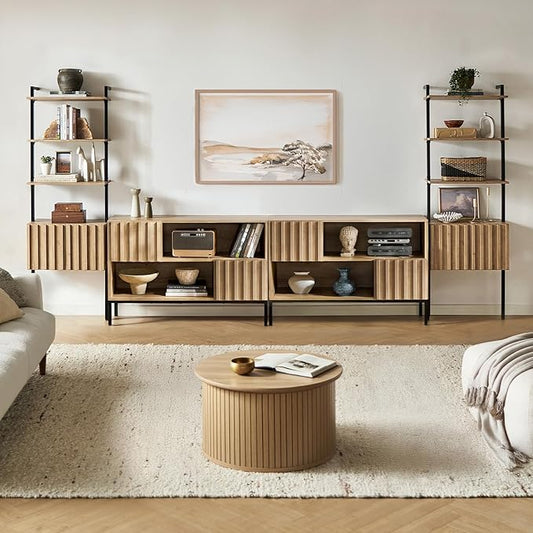 mopio Norwin 4 Piece Entertainment Center with Storage, 70" TV Stand, Industrial Modern Television Accent Cabinet, Oak Wood Media Console Table with 3-Tier Shelf Bookcase (3-Tier Display Set)