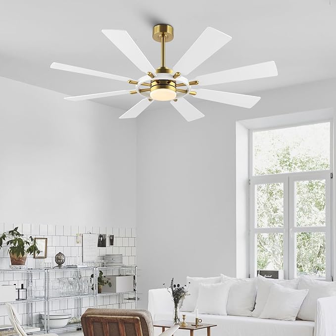 ELEHINSER 60 Inch Ceiling Fan with Lights and Remote Control, 8 Plywood Blades, 6-Speed Noiseless Reversible DC Motor, 3CCT, Windmill Ceiling fan for Kitchen Bedroom Living Room, Brass and White