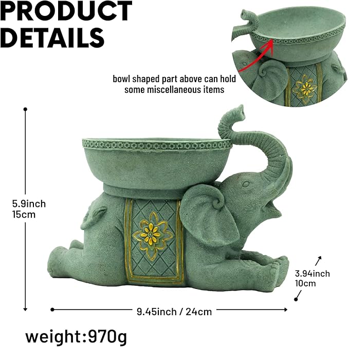 Elephant Decor Resin Sculpture with Tray – Antique Style Animal Figurine for Home, Office, Bookshelf, TV Stand – Unique Gift for Women, Moms, Friends(Green Elephant Tray)