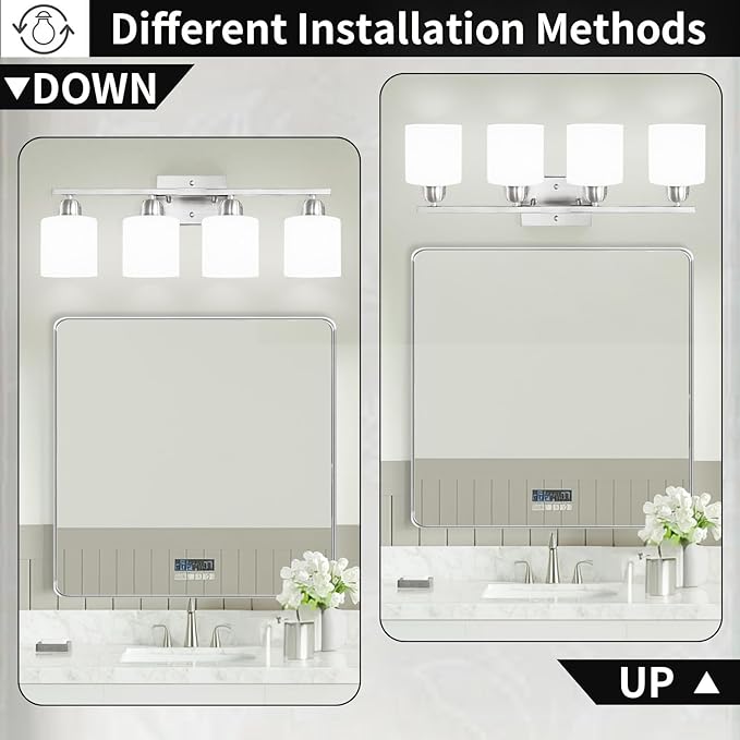 4 Light Bathroom Light Fixtures, Brushed Nickel Vanity Lights for Bathroom with Milky White Frosted Glass Shade, Wall Lights for Mirror Bedroom Living Room E26 Base