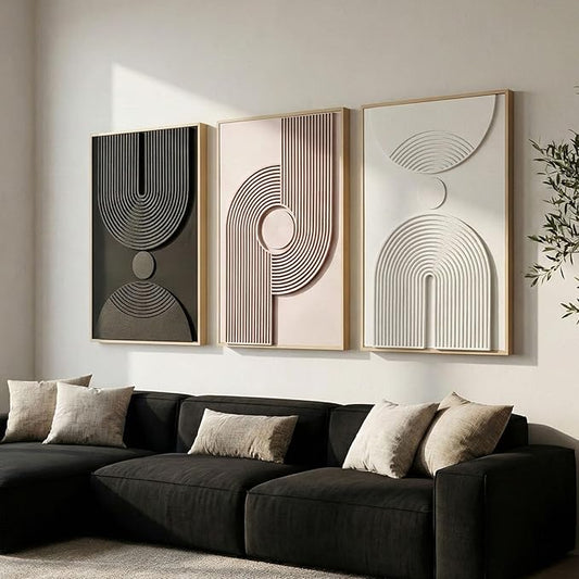 Large 3D Textured Framed Neutral Abstract Wall Art for Living Room, 3 Piece Modern Minimalist Artwork for Walls, Black White Beige Geometric Arches Pictures for Entryway Office Decor 24x36 In