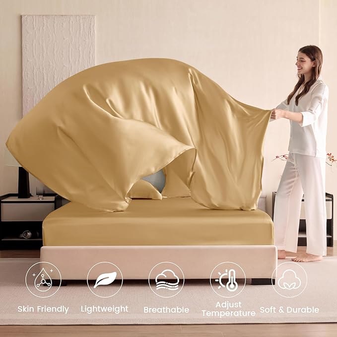 THXSILK Silk Sheet Set 4Pcs, 6A+ Top Grade 100% Pure Mulberry Silk Bed Sheets Ultra Soft Durable Luxury Bedding Sets, 1 Fitted Sheet, 1 Flat Sheet and 2 Pillowcases (Twin, Metallic Gold)