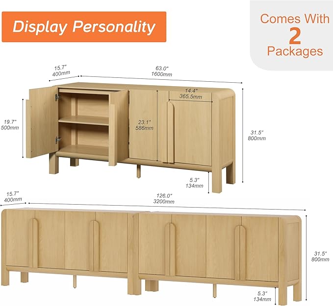 WAMPAT 126" W Large Buffet Sideboard Cabinet with Storages, Modern Buffet Table Coffee Bar Wine Bar Storage Curved Cabinet with 4 Doors for Dining Room, Living Room, Kitchen,Oak