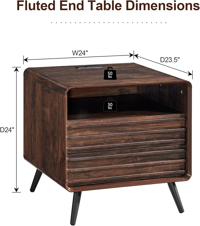 RedLemon 24" Nightstand with Charger Station, Mid Century Modern Fluted End Table with 2 Drawers, Wooden Side Table with Open Cubby Storage for Living Room, Bedroom, Office (Dark Walnut)