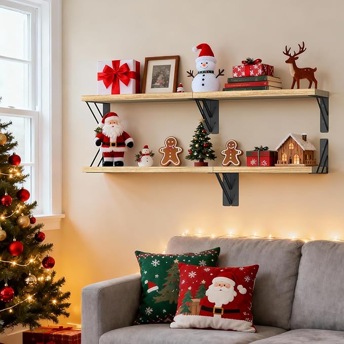 BAYKA Wall Shelves for Bedroom Decor, Floating Wall Shelves for Living Room Kitchen Storage, Wall Mounted Rustic Wood Floating Shelves for Kids Books, Corner Shelves for Bathroom(Brown，Set of 3)