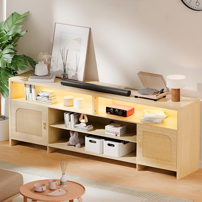 Fluted TV Stands for 70/75/80/85 Inch TV, TV Stand with LED Light and Open Storage Shelf, Mid Century Modern TV Stand with Outlet, Blister Door, Wood TV Cabinet for Living Room, Natural Oak