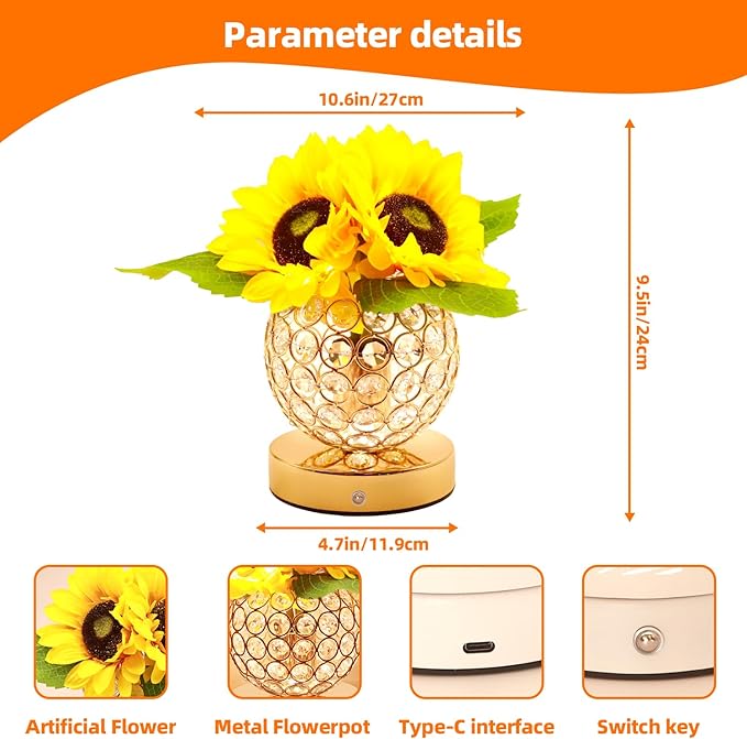 Birthday Gifts for Women,Sunflower Flower Touch Lamp,Rechargeable Cordless 3-Colour Dimming Night Light for Festival,Restaurant,Bedroom,Office Home Decor Gifts for Mom