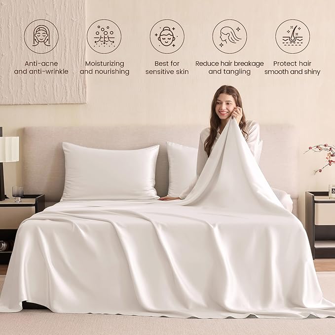 THXSILK Silk Sheet Set 4Pcs, 6A+ Top Grade 100% Pure Mulberry Silk Bed Sheets Ultra Soft Durable Luxury Bedding Sets, 1 Fitted Sheet, 1 Flat Sheet and 2 Pillowcases (Twin, Pearl White)