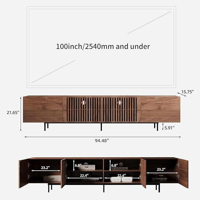 Mid-Century Modern TV Stand & Expandable Coffee Table Set, Walnut Finish, Stylish Storage Combo for Living Room or Bedroom (94.48“TV Stand+Coffee Table)