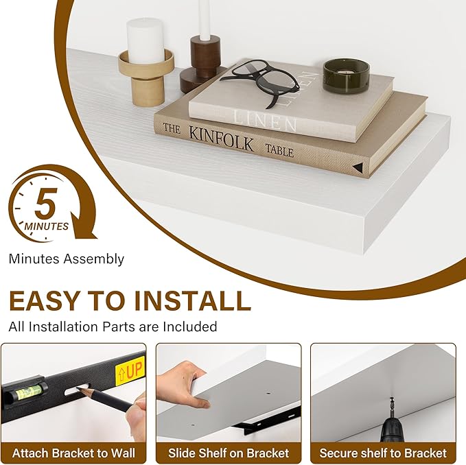 White Floating Shelves for Wall, 27.5 Inch Bathroom Shelves Set of 2, Rustic Wood Wall Shelf with Invisible Brackets for Books|Storage|Decor, 8 Inch Deep Floating Shelf for Bedroom|Kitchen