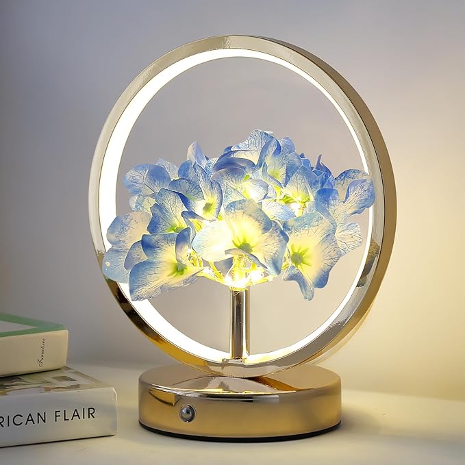 Birthday Gifts for Women Mom,Hydrangeas Flower Touch Lamp,Rechargeable Cordless 3 Way Dimmable Small Night Light for Bedroom,Living Room,Office Home Decor Thank You Gifts for Festival-Blue