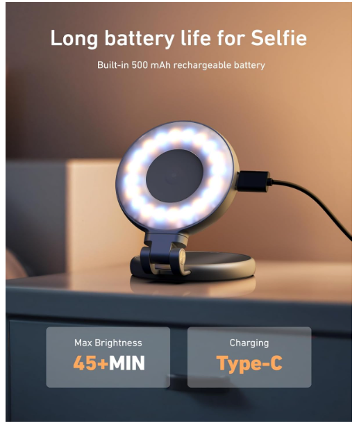 TELESIN C03 selfie light package contents with USB cable and metal ring adapter