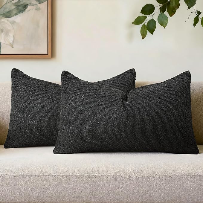 Textured Boucle Pillow Covers 12x20 Inch Set of 2, Striped Solid Pillowcases Cozy Soft Modern Accent Boho Lumbar Decorative Throw Pillows for Couch Sofa Bed Living Room Home Decor, Black