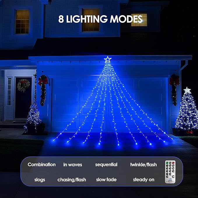 WBao 344 LED Christmas Lights Outdoor Decorations with 12" Star Topper, 11.9ft Waterfall Christmas Lights, Remote Control 8 Modes, 3 Timers, UL Listed Waterproof for Tree Roof Porch Xmas Decor, Blue