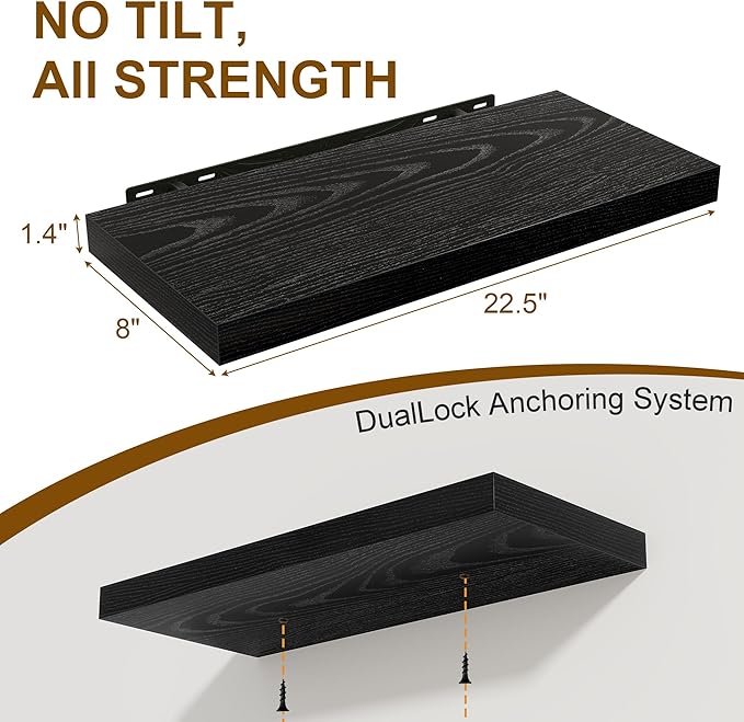 Black Floating Shelves 22.5 Inch Long, 8 Inch Deep Floating Shelf Wall Mounted, Rustic Wood Bathroom Shelves for Storage, 22.5x8 Deep Shelf Set of 2 with Invisible Brackets for Books|Storage|Decor