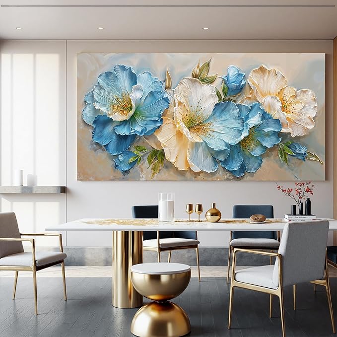 Oversized Wall Art Decor White Blue Flower Art pictures for living room Green Botanical Wall Art Decor Paintings Prints Modern Aesthetics Wall Art For Home Bedroom Office Room Wall Decor 29×58 Inch