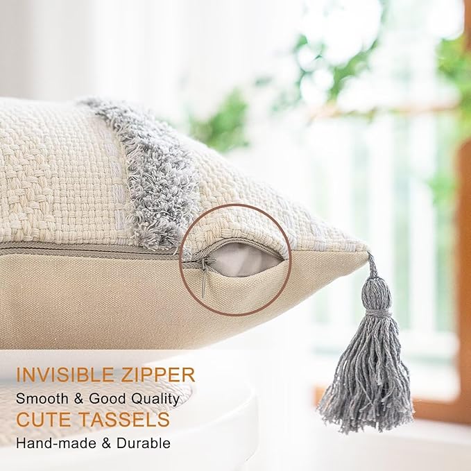 Boho Throw Pillow Covers 12x20 Set of 2 Woven Tufted Farmhouse Pillows Cover with Tassels Textured Striped Cushion Case Lumbar Pillow Cases Decorative Pillowcase for Sofa, Couch, Bed, Light Grey