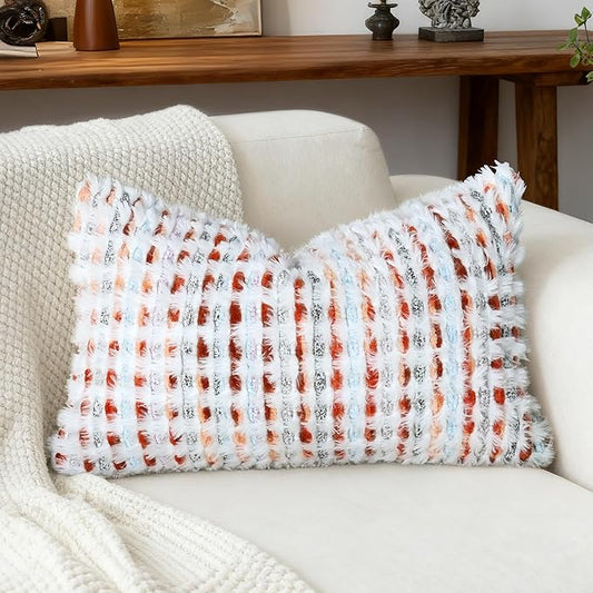 Boho Chenille Tufted Pillow Cover 12x20 Inch Set of 1, Farmhouse Striped Decorative Pillow Covers Accent Fluffy Neutral Lumbar Pillowcases for Couch Sofa Bedroom Living Room, Orange White