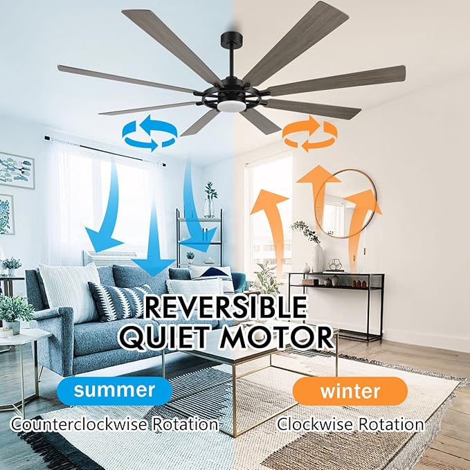 ELEHINSER 80 Inch Ceiling Fan with Lights and 3 Downrods, 8 Plywood Blades, 6-Speed Noiseless Reversible DC Motor, 3CCT, Windmill Ceiling fan for Kitchen Bedroom Living Room, Black and Grey