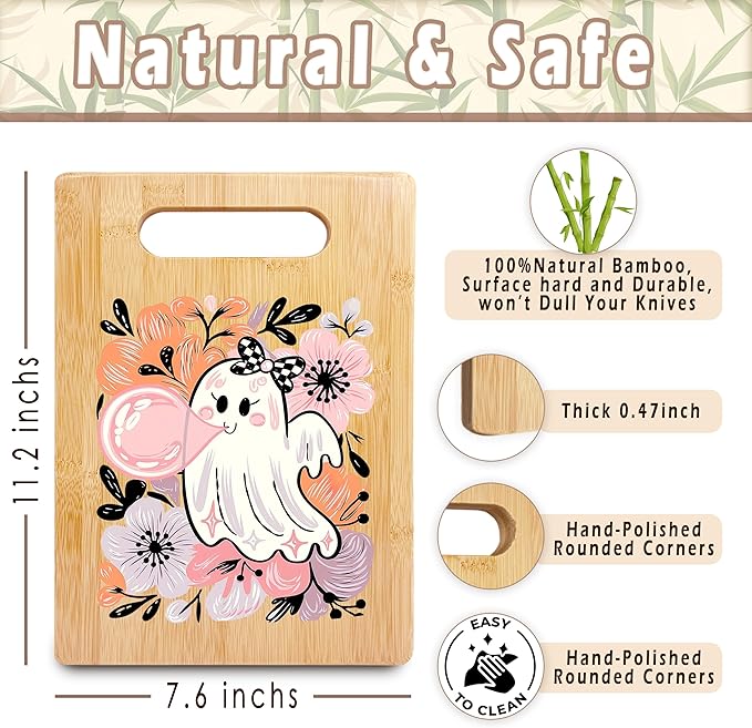 SPBL&L Halloween Floral Pink Ghost Cutting Board, Halloween Gifts for Women, Ghost Kitchen Decor, Coquette Spooky Season Decorative Bamboo Cutting Chopping Board for Kitchen