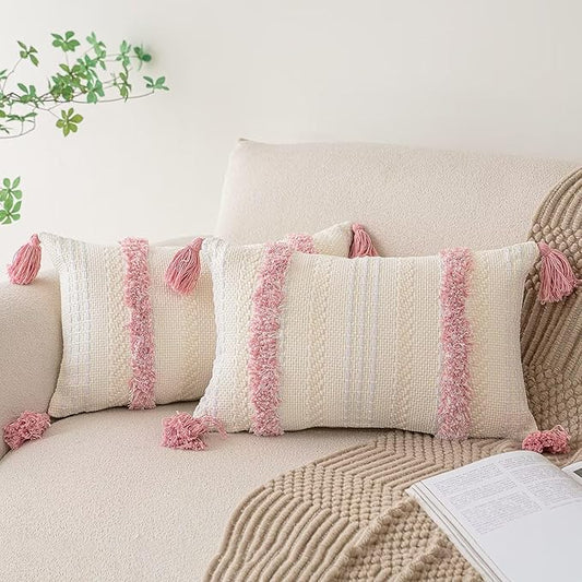 Boho Throw Pillow Covers 12x20 Set of 2 Woven Tufted Farmhouse Pillows Cover with Tassels Textured Striped Cushion Case Lumbar Pillow Cases Decorative Pillowcase for Sofa, Couch, Bed, Pink