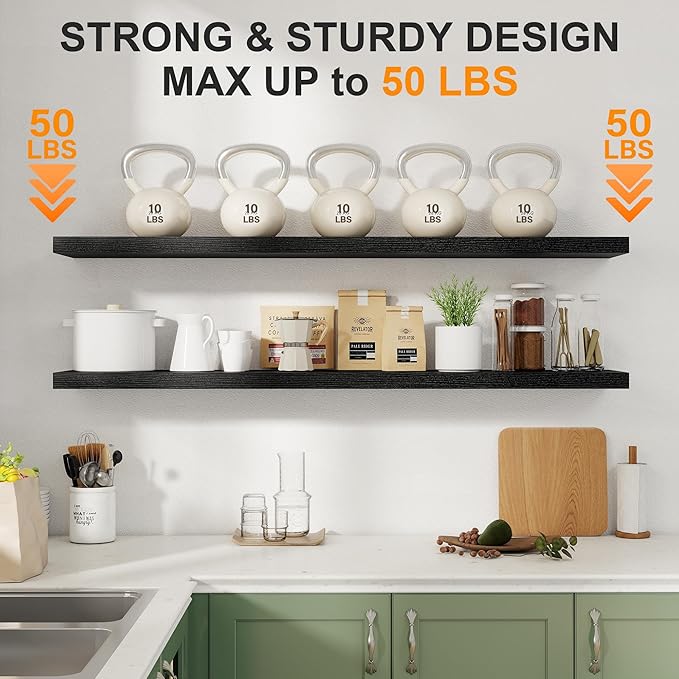Fun Memories 55 Inch Floating Shelves for Wall 2 Pack Shelves for Bedroom|Kitchen|Bathroom Wall Mounted Rustic Wood Floating Shelf with Invisible Brackets for Books|Storage|Decor, Black