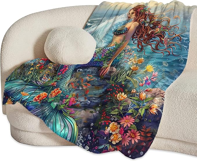Mermaid Throw Blanket - Ocean Blanket for Girls, Women, Boys & Men - Soft, Warm & Cozy Fleece - 80"x60"