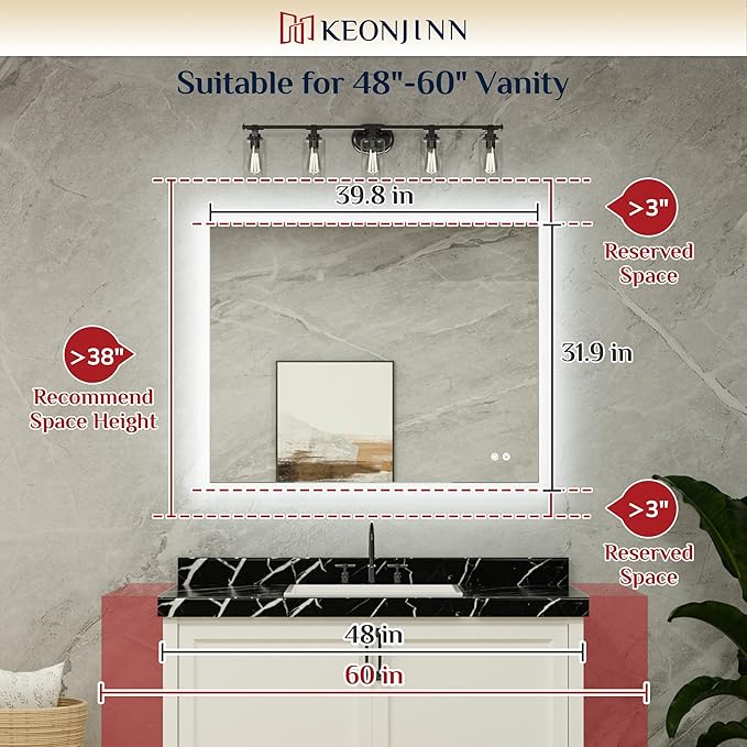Keonjinn 40 x 32 Inch LED Bathroom Mirror with Backlit, Anti-Fog, CRI90+ HD Dimmable Vanity Mirror, High Lumen, Horizontal/Vertical Wall Mount, UL Listed Lighted Vanity Mirror, Waterproof