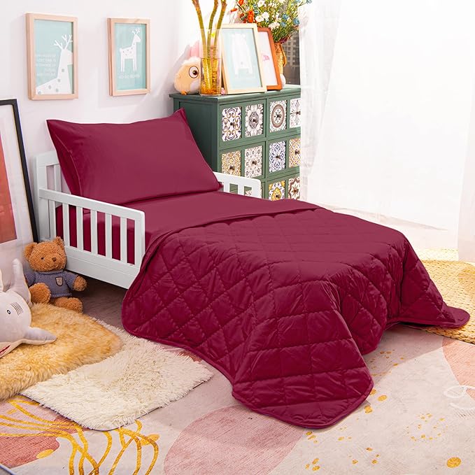 NTBAY Toddler Bedding Set - 4 Piece Soft and Breathable Crib Bedding Set for Boys and Girls, Includes Quilted Comforter, Fitted Sheet, Flat Top Sheet and Envelope Pillowcase, Wine Red