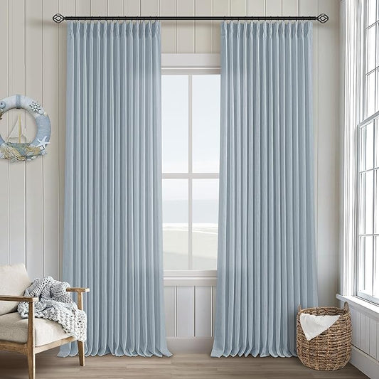 Dusty Blue Pleated Linen Curtains 96 Inches Long for Living Room 2 Panel Set Semi Sheer Light Filtering Pinch Pleat with Rings Hooks Drapes Boho Farmhouse Light Blue Grey Curtain Bedroom Window