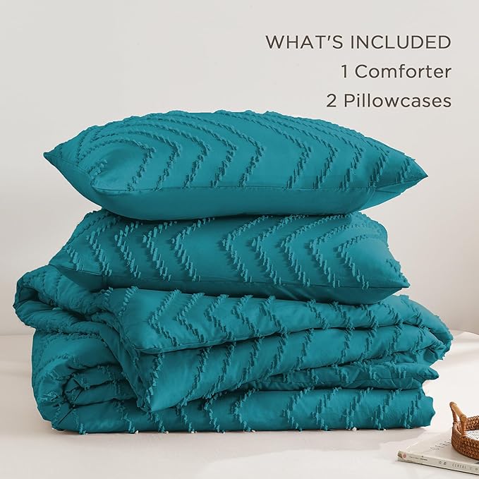 Andency Turquoise Comforter Set Queen Size, Boho Soft Warm Tufted Bedding Comforter Sets for Queen Size Bed, 3 Pieces Aesthetic Chevron Farmhouse Cute Bohemian Textured Bed Set