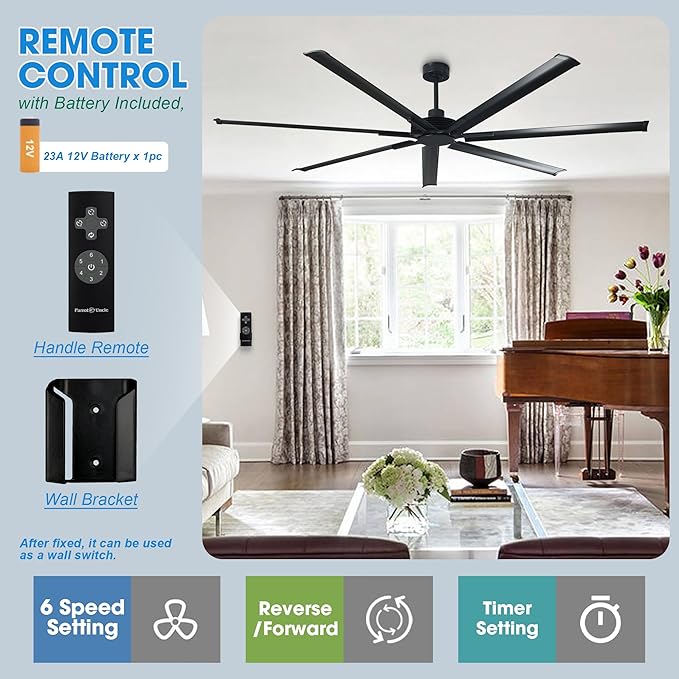 100 Inch Ceiling Fans without Lights, Industrial Black Large Ceiling Fan No Light for Living Room Shop Garage Bedroom Indoor Outdoor, Remote Control, Reversible 7 Aluminum Blades, Ventilador De Techo