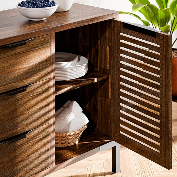 Bme Millie Premium Solid Wood Sideboard Storage Cabinet with Storage, Pre-Assembled with 3 Drawers & 2 Doors, Adjustable Shelves