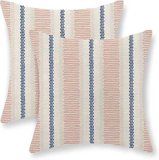 Blue Pink Pillow Covers 18x18 Inch Set of 2 Boho Outdoor Striped Throw Pillows Abstract Polka Dot Modern Geometry Decorations Pillow Cases Farmhouse Linen Cushion Case Decor for Couch Sofa