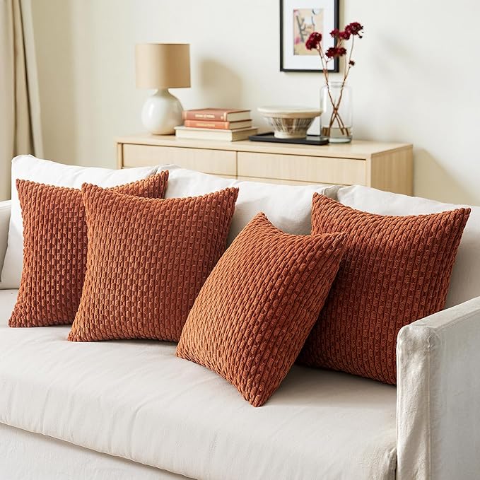 MIULEE Throw Pillow Covers Soft Couch Decorative Set of 4 Boho Striped Cushion Covers Corduroy Pillowcases Farmhouse Home Decor for Couch Bed Sofa Living Room 18x18 Inch Burnt Orange