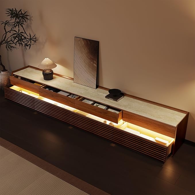 POVISON Fully-Assembled Mid Century Glossy Sintered Stone TV Stand, 118.11" Wood Media Console with Adjustable LED Light, Entertainment Center with Storage for Living Room(Walnut)