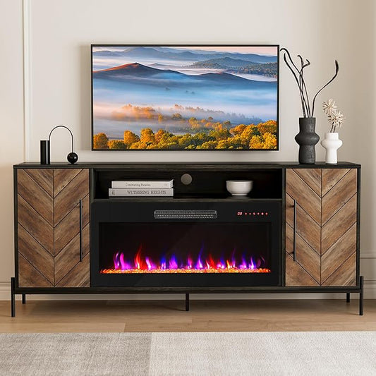 BELLEZE 68" TV Stand with 36" Electric Fireplace Heater, Entertainment Center with Storage Cabinet, Console Table for TVs up to 75" for Living Room, Bedroom - Harper (Black Ebony)