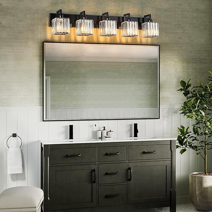Modern Bathroom Vanity Light 5-Lights Plating Black Vanity Light Crystal Wall Light Bathroom Light Fixtures