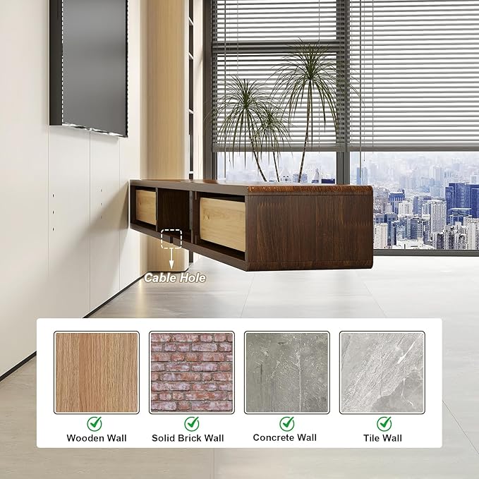 Solid Wood Floating TV Stand, Wall Mounted Entertainment Center with 2 Drawers, Floating TV Shelf for Living Room Bedroom & Office (Walnut, 71in)