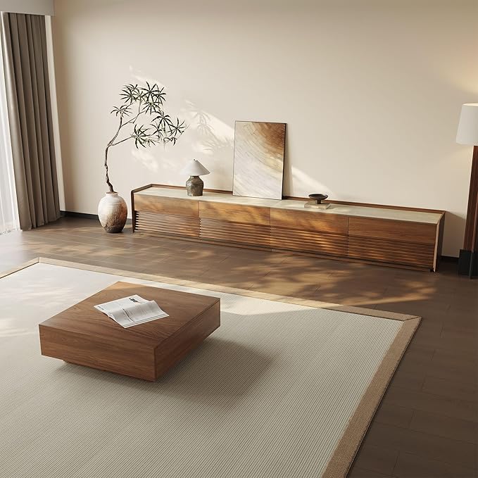 POVISON Fully-Assembled Mid Century Glossy Sintered Stone TV Stand, 118.11" Wood Media Console with Adjustable LED Light, Entertainment Center with Storage for Living Room(Walnut)