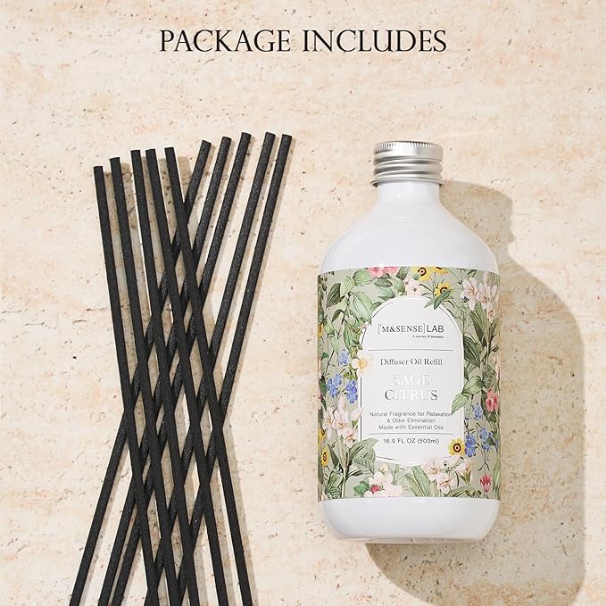 M&SENSE Reed Diffuser Oil Refill, 16.9oz (500ml) with 10 Hollow Reed Sticks, Sage Citrus Scent Home Fragrance, Scented Oil Refills, Natural Essential Oils for Diffusers, Décor for Home Spa & Office