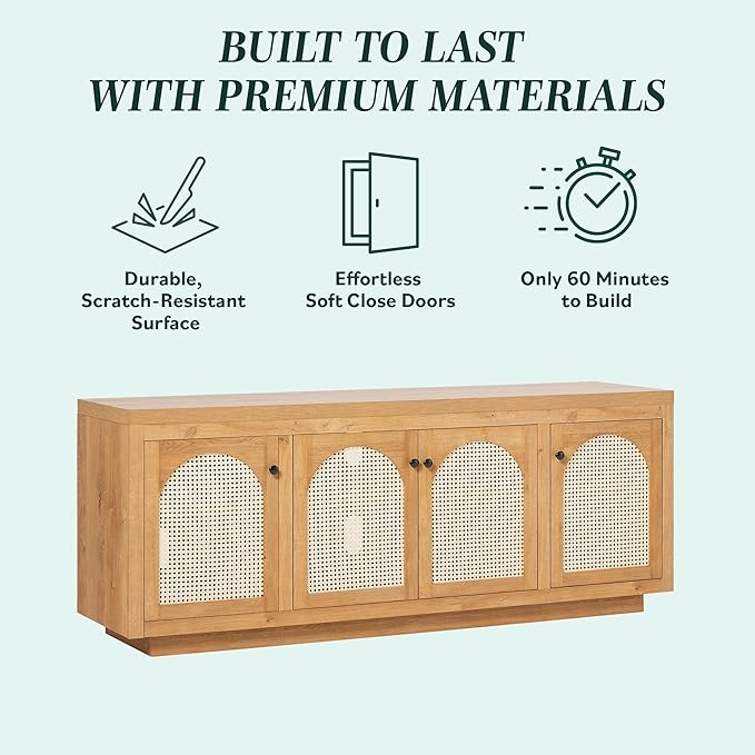 Walker Edison Sasha 4-Door Sideboard Buffet with Arched Rattan Panels, 70 Inch, English Oak