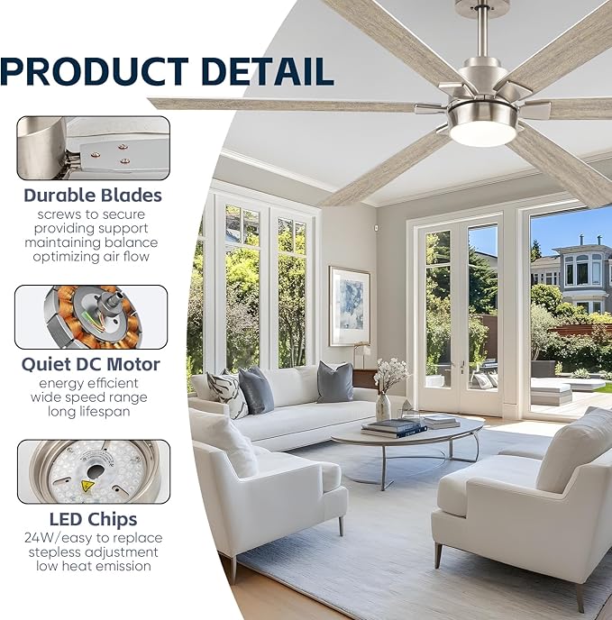 66 Inch Smart Ceiling Fan with Light, Large Modern Industrial Ceiling Fan with Remote/APP/Alexa Control, High CFM Quiet DC Indoor Outdoor Ceiling Fans for Patios Living Room Bedroom, Nickel & Oak