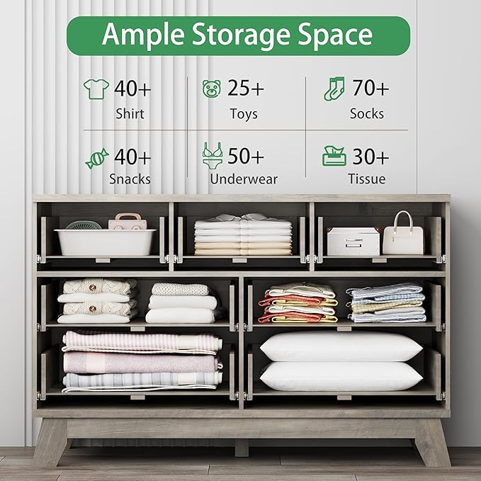 Fluted Dresser for Bedroom with 7 Drawers, 48" Wide Modern Chest of Drawers with Metal Handle, Wood Dresser TV Stand, Wooden Closet Clothes Storage Organizer for Living Room, Hallway, Grey