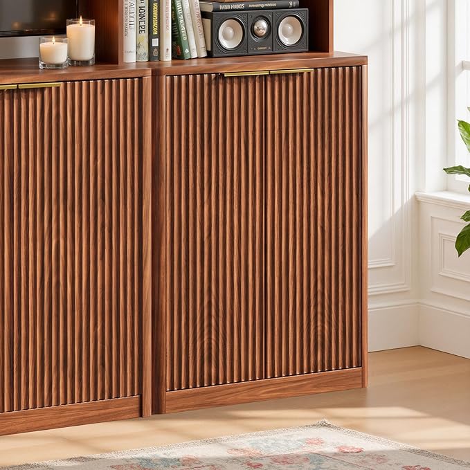 Evermagin 4-Piece Entertainment Center with Bookshelves for TVs up to 65", Mid Century Modern TV Stand with Bookcases, Walnut Buffet Cabinet with Storage for Living Room