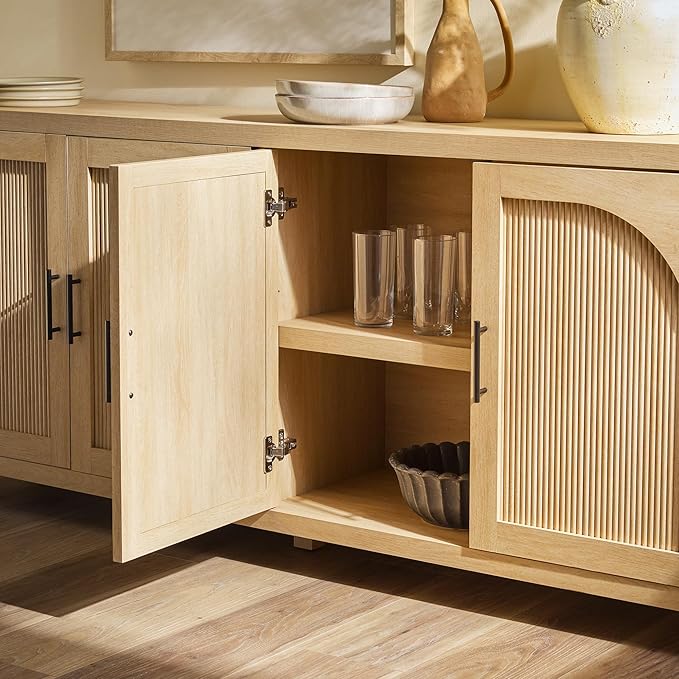 Walker Edison Sasha 4-Door Reeded Sideboard Buffet with Cord Management, 70 Inch, Coastal Oak
