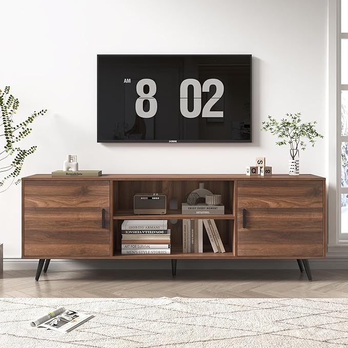 AUXSOUL 70 Inch Mid Century Modern TV Stand for 75 Inch TV, Wood TV Stand with Storage, Entertainment Center for Living Room Bedroom, TV Media Console, Walnut