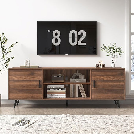 AUXSOUL 70 Inch Mid Century Modern TV Stand for 75 Inch TV, Wood TV Stand with Storage, Entertainment Center for Living Room Bedroom, TV Media Console, Walnut
