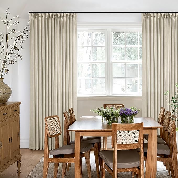 108 Inch Linen Curtains 2 Panels Set Pinch Pleated for Living Room Bedroom Memory Training Shaped Semi Sheer Neutral Beige Tan Flax Burlap Pleat Drapes Hooks Rings Light Filtering Window Curtain